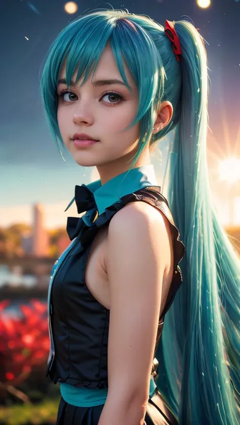 (masterpiece, best quality, highres:1.2), (photorealistic:1.2), (film grain:1.3), (morbid light:1.2), (dynamic angle), raw photo, (Hatsune Miku), very long turquoise pigtails and a school uniform-like outfit. She has teal eyes and very long pigtails held w...