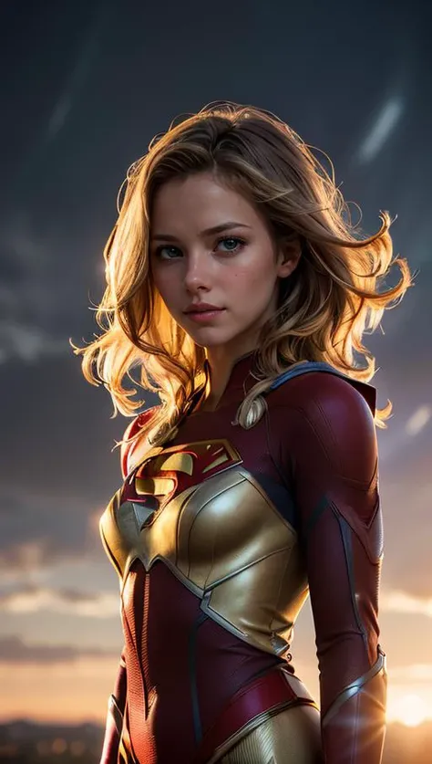 (masterpiece, best quality, highres:1.2), (photorealistic:1.2), (film grain:1.3), (morbid light:1.2), (dynamic angle), raw photo, (hyperrealistic Melissa Benoist) young, cute, very slim, skinny, blonde hair, in high detailed textured Supergirl suit, (ultra...