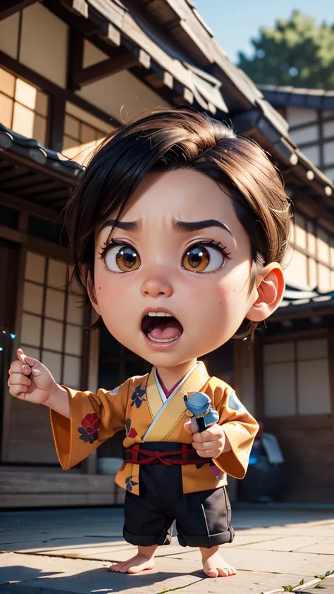 (masterpiece, best quality, highres:1.2), ((Pixar 3D Style)), (colorful), cute chibi cartoon, (angry face), samurai, man, chonmage hair, kimono clothes, japanese house background, beautiful eyes, brown eyes, light in eyes, ((3D Pixar style)), full body Pix...