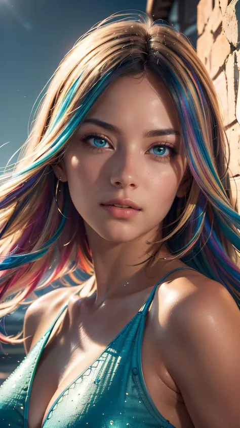 (masterpiece, best quality, highres:1.2), (photorealistic:1.2), (intricate and beautiful:1.2), (detailed light:1.2), (colorful, dynamic angle), 1 young cute girl, really wild hair, multicolored hairlighting, portrait, (from front:0.6), professional photogr...