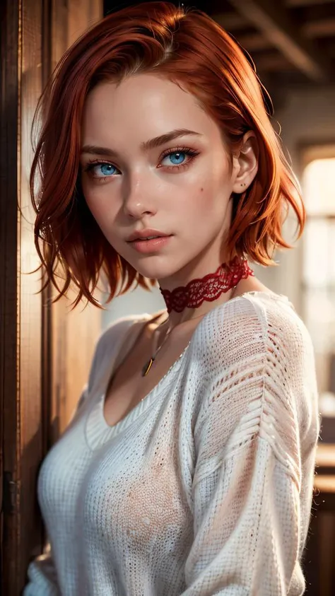 (masterpiece, best quality, highres:1.2), (photorealistic:1.2), (detailed light:1.2), (dynamic angle) raw photo, (18yo redhead girl:1.2), (perfect eyes), cateyes makeup, rouge, red neck lace choker, realistic skin texture, oversize knit jumper, red eyes, s...