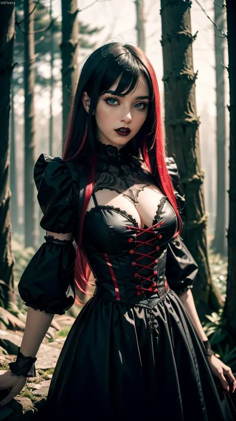 (masterpiece drawning, high quality), (solo:1.1), raw photo, a digital art of a girl, hight detailed gothic dress, (red/white/black), mistery forest, Extreme detail, morbid, (vibrant color), (sharp), exposure blend, bokeh, (hdr:1.4), high contrast, (muted ...