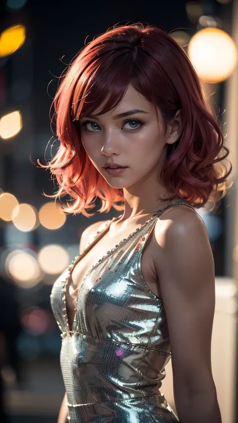 a woman with red hair and a silver dress posing for a picture