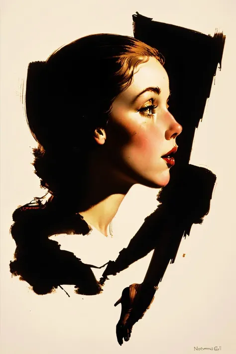 [style of Norman Rockwell|style of Gil Elvgren], 2d, Darkness, sharp contrast, abstract representation of femininity, silhouette, sharp focus, clear lines