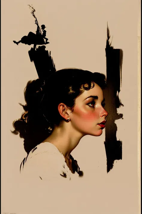 [style of Norman Rockwell|style of Gil Elvgren], 2d, Darkness, sharp contrast, abstract representation of femininity, silhouette, sharp focus, clear lines