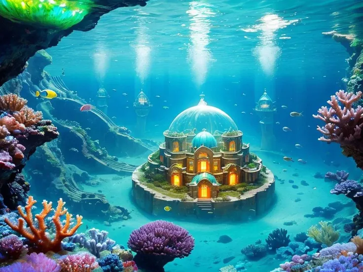 **Underwater Utopia:** "An underwater city with domed buildings connected by tunnels, illuminated by bioluminescent algae, with schools of exotic fish swimming by and submarines navigating the coral skyscrapers."