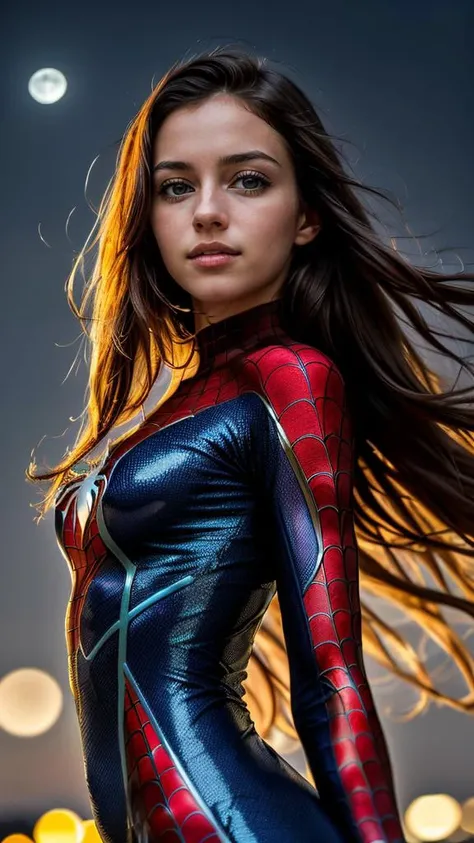 (((Ultra-HD-quality-details, real-photo-realistic, ideal))), (morbid light:1.2), (dynamic angle), raw photo, (Mary Jane Parker), young, cute, very slim, skinny, long hair, in high detailed textured spiderman suit, (ultra-detailed body), (light smile:0.8), ...