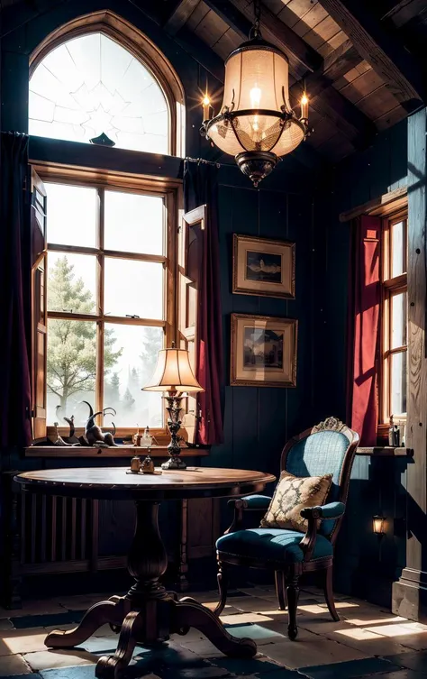 A shielded charm warded fortress, chandelier,compass,table lamp,trolls treasure,traps and snares, ceramic tiles,needle weaving tapestry,gneiss, moonlight,sunlight through windows, black lights, teslapunk in style ((tudor interior)), (the light is dazzling)