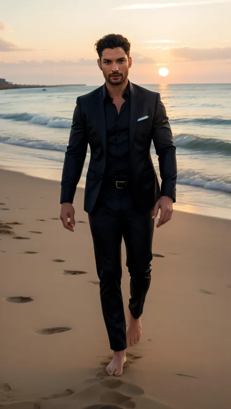 arafed man in a suit walking on the beach at sunset