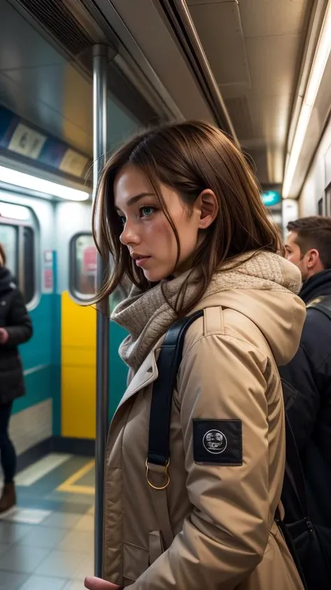 raw photo, fashion photography of cute lifelike photo, 1 australian girl, chestnut, cowboy shot, side view, evening, night shot, inside a subway station, subway train passing behind her, motion blur, winter jacket, scarf, Radiant Comfort, Golden Hour, Cozy...