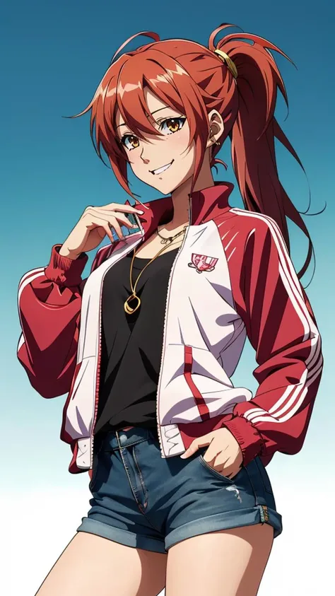 (#2D Anime Style), masterpiece, best quality, detailed, 2D anime girl, red ponytail, long hair, oversized track jacket, shorts, jewelry, smile, simple colored background