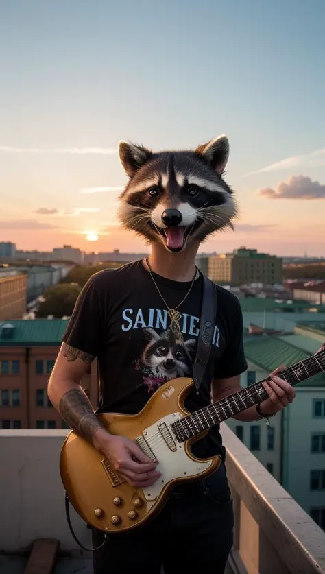 An anthropomorphic punk-raccoon is seen playing an Eddie Van Halen red guitar high atop the rooftops of Saint Petersburg, sunset, golden hour lighting