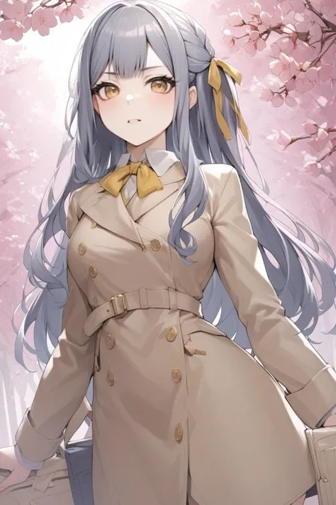 1girl,<lora:mygo_aio_xl_a3_3:1>togawa Sakiko ,hair ribbon,long hair,yellow eyes,grey hair, yellow ribbon, long sleeves
,Cherry blossoms,She is fashionably dressed in Hermes, 
ultra-detailed,best quality,(masterpiece) <lora:13XL:1>