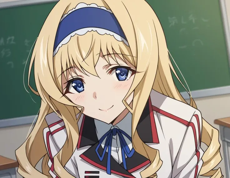 anime girl with long blonde hair and blue eyes in a classroom