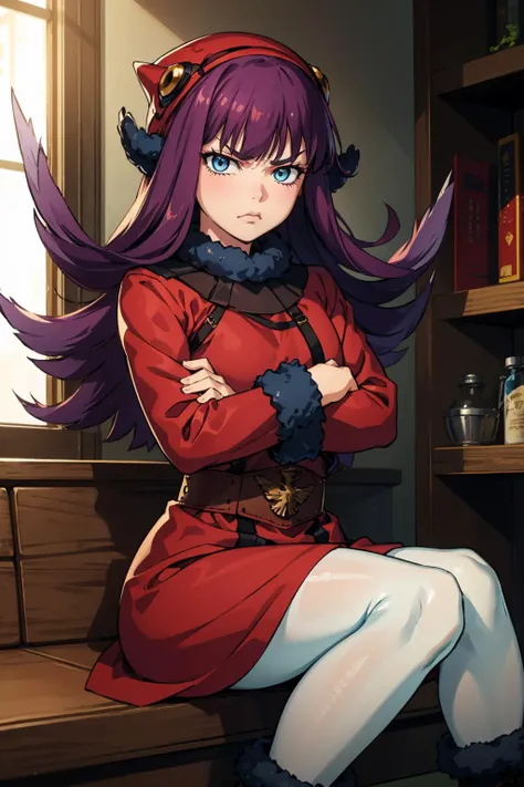 masterpiece, best quality, <lora:zs_MohShuvuu:0.9> mohshuvuusmt, hat, purple hair, fur trim, boots, blue eyes, mittens, wings, coat, white pantyhose, upper body, indoors, pouting, annoyed, furrowed brow, crossed arms