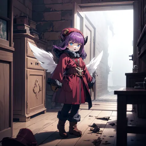 dungeon,room,open door, 
stone wall, 
intimidation,threaten,violent,destructive 
(fog:1.3) <lora:zs_MohShuvuu:0.8> mohshuvuusmt, hat, purple hair, fur trim, boots, blue eyes, mittens, wings, coat, white pantyhose
(toddler child:1.2), floating,