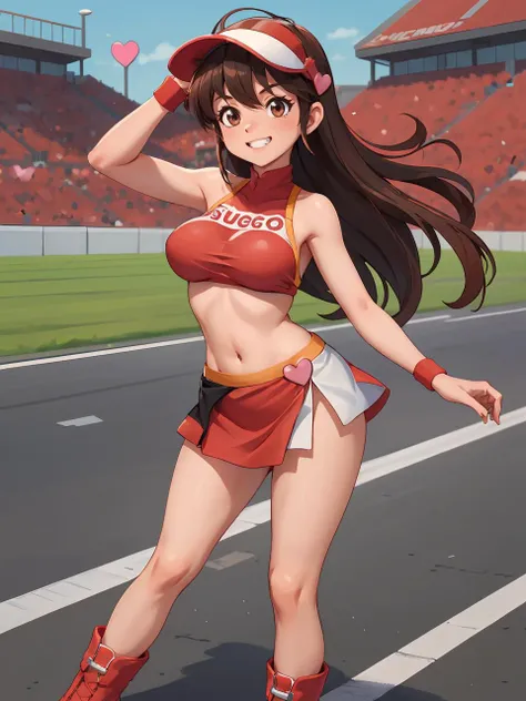 1girl, asusugo, visor cap, heart, crop top, miniskirt, large breasts, pit lane, grin, wristband, boots, red footwear <lora:asusugo:0.7>