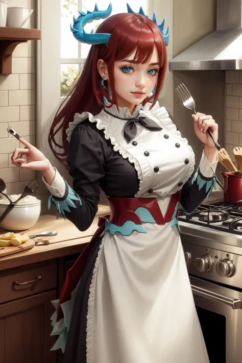 anime character dressed in maid outfit holding a fork and a pot