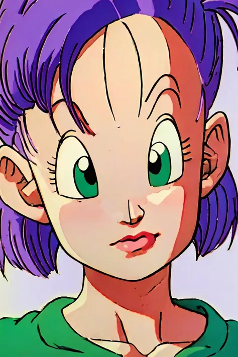 a close up of a cartoon of a young girl with purple hair