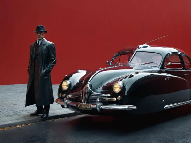 (masters driver:1.5), black suit, leather cap, next to a red hovering car, <lora:Hovering_Car_SDXL_v1:1>Hovering_Car, (1945s sedan automobile) retro cyberpunk style, clean lines,( sharp edges:1.5), streamline, (futuristic concept car:1.2), detailed, vintag...