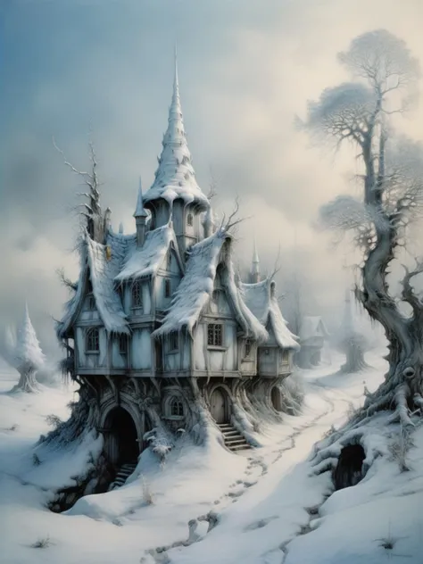 the white faery village, spectral cold colors  world in very light blue, white and silver, translucent details: frozen trees, other important  details. recalling  Winter in my mind, cold desolate, gloomy dreamy scene, Emotional, No people. light and soft l...