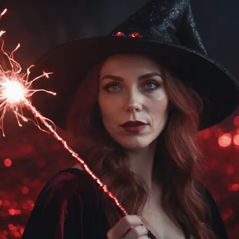 photograph close up portrait of a sexy witch, red crystals on the ground, holding a magical staff with electrical current,electrical spark, dark background , cinematic 4k epic detailed 4k epic detailed photograph shot on kodak detailed bokeh cinematic hbo ...