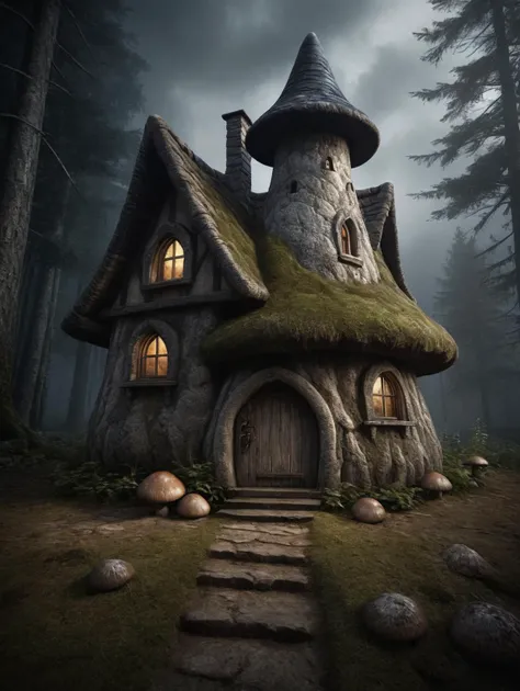 Horror-themed , rustic mushroom-shaped cottage inhabited by gnomes, pine forest, wallpaper by Anne Stokes, gothic art, gothic, dark and mysterious, enchanting, midnight, dark, fog rising, dark clouds, smoke from the chimney
(darkness:3.5),
 <lora:add-detai...