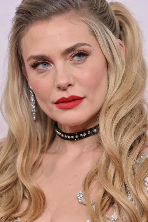 close up photo of Linda Grassi,  1girl blue_bow blue_dress blue_eyes blue_hair bow bracelet breasts brooch choker collarbone cowboy_shot crystal_earrings dress earrings grey_background hair_ornament heart heart_brooch high_ponytail jewelry lips long_hair m...