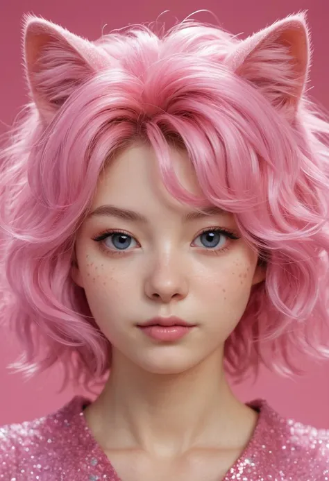 a girl cat,  glitter and diamond dust on furry hair, kawaii aesthetic, tatsuo miyajima, whimsical, realistic depiction of light, light magenta