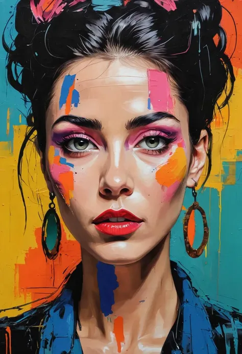 a stunning woman, art of brut style, characteized by bright and bold colors, thick textured paint, intense black strokes, and astonished details,