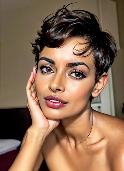 a close up of a woman with a very short hair