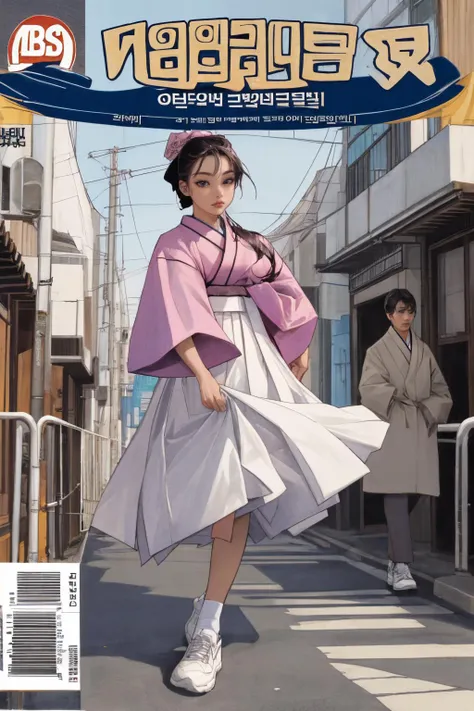 best quality, absurdres, (highly detailed:1.2) (detailed face:1.1), comic cover, hangul text, wearing modern hanbok, white sneakers, streets of korea,  <lora:comicCover_v10:0.7> , <lora:Kang_Hyewon_V4b-000005:0.9> , <lora:add_detail:0.5>