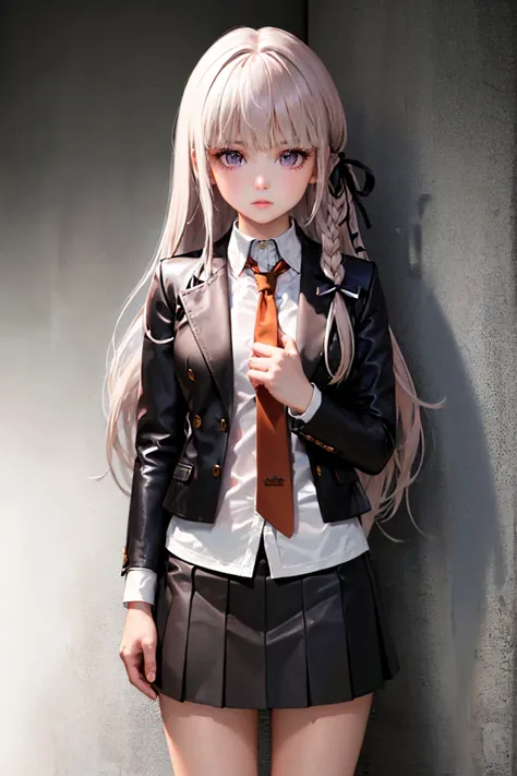 (masterpiece, best quality:1.2), solo, 1girl, kirigiridef, expressionless, closed mouth, looking at viewer, braid, hair ribbon, jacket, open jacket, long sleeves, white shirt, necktie, skirt, black gloves <lora:danganronpathh_kirigiri:1.0>