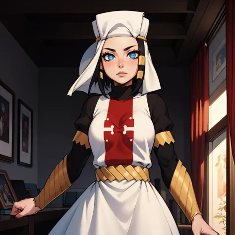 Best_QualityPos, RAW photo, intricate details, best quality, 8k uhd, soft lighting, 1girl, solo, ffArrow, white headwear, blue eyes, red and white dress, black sleeves, vambraces  <lora:ffarrow-nvwls-v1:0.9>