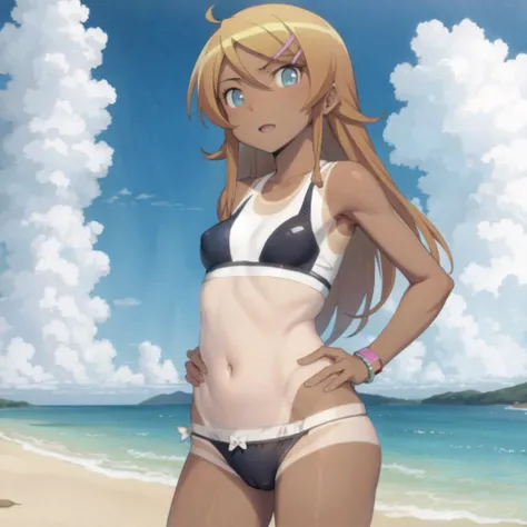 <lora:lambda:0.4>, best quality, ultra fine, BREAK,  <lora:kirino:1>, solo, kirino kousaka,  <lora:otl:1> , dark skin, (tan:1.3), swimsuit tan, (hair flower ornament:-1.5), outdoors,