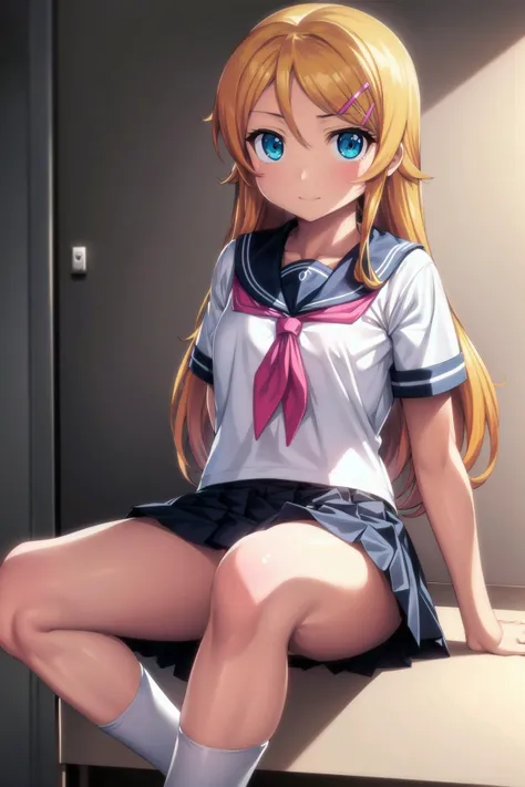 anime girl sitting on a table with her legs crossed