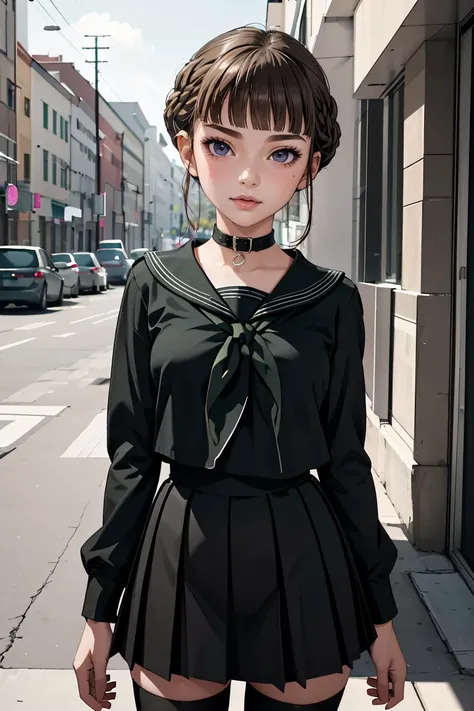 anime girl in black dress standing on the street with a black choker