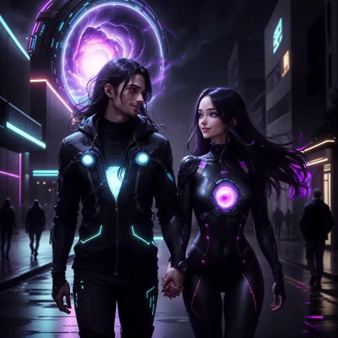 <lora:UltraBlackholeTech-20:0.8>,ulblackholetech  , ,scifi,  excessive energy,light smile, 
couple walking in the park, long hair , short hair ,glowing colored hair, glowing eyes,looking at another,