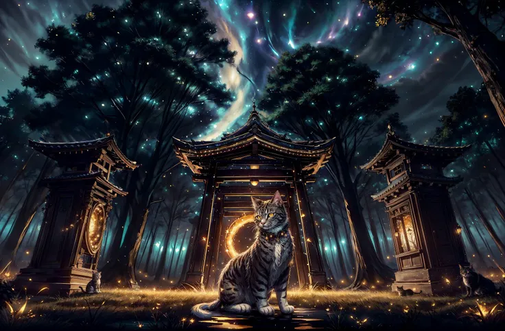 <lora:add_detail:1> (low angle, symmetrical:1.2), lake, ulblackholetech cute cat, sitting, trees, shrine, outdoors, shimmering, gleam, sparkles, fireflies, 8k, (masterpiece, high quality, detailed, realistic, photorealistic, highres, cinematic, atmospheric...