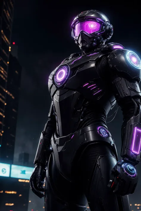 a man in a futuristic suit standing in front of a city at night