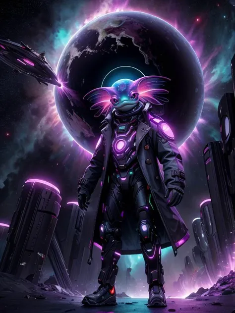 a man in a futuristic suit standing in front of a planet