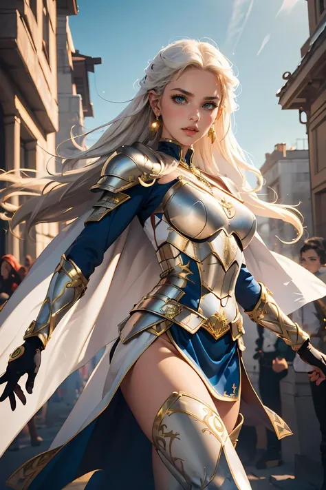 a woman in a blue and gold outfit is walking down the street