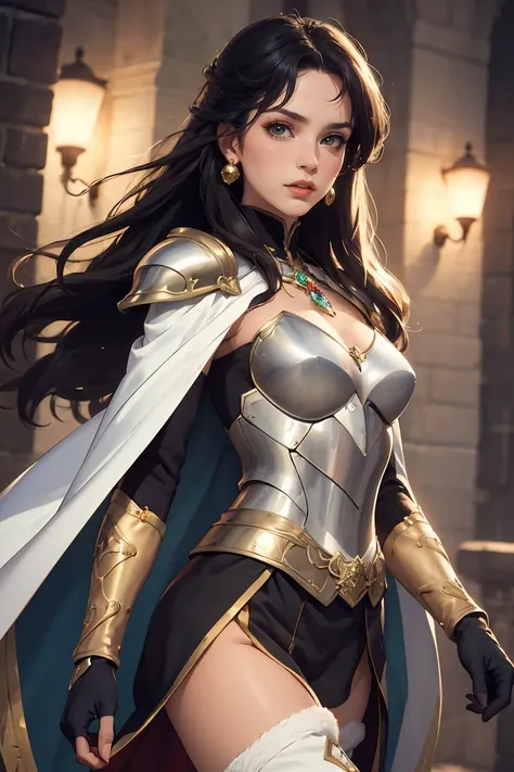 a woman in armor and a cape is standing outside