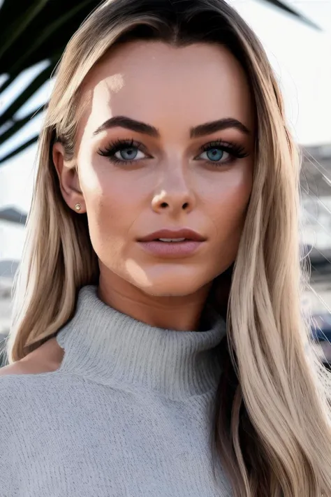 mrmj  piercing eyes, looking straight, very happy,long hair, wearing an off-shoulder sweater, choker, closeup portrait, in a outdoor cafe in 2015, afternoon light