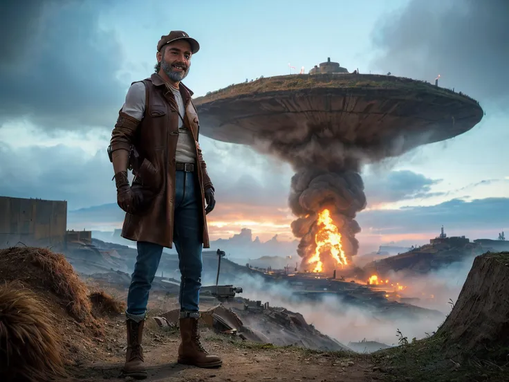 a man standing in front of a huge mushroom cloud