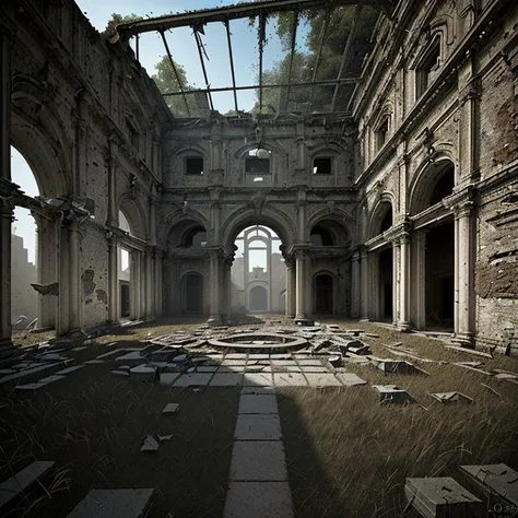 arafed view of a ruined building with a skylight in the middle