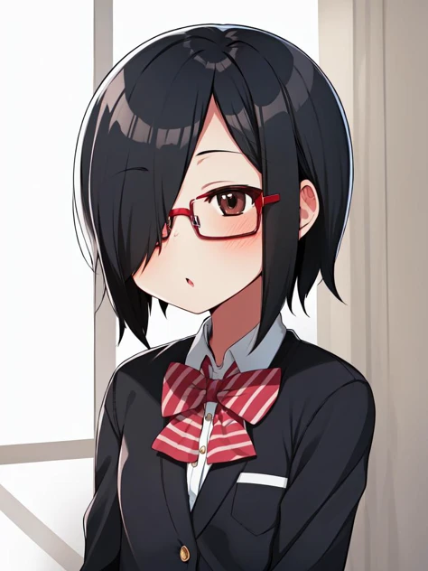 1girl,  solo focus,  minigirl, 
sayama shiho,black hair, short hair,  brown eyes, bangs,  long sideburns, 
hair over one eye, 
school uniform, red-framed eyewear, 
 <lora:shiho_senpai_V1:0.8>