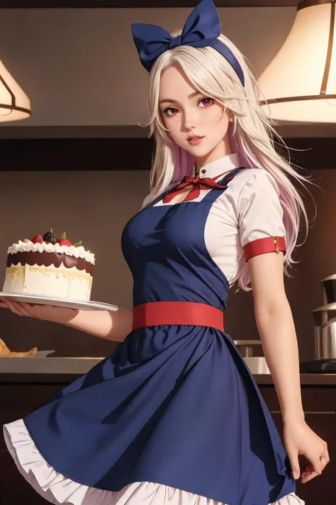 <lora:sdslillia-nvwls-v1:0.9> sdsLillia, 1girl, apron, short sleeves, blue skirt, long skirt, hairbow, holding cake, red eyes,