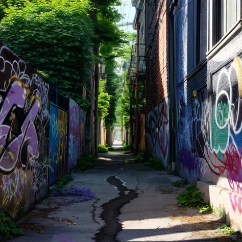 trees,lilac,alley,[graffiti],golden hour,directional light,<lora:montreal_alleys>,<lora:more_details:0.4>,<lora:LowRA:0.4>,photograph,fujifilm gfx 50s,