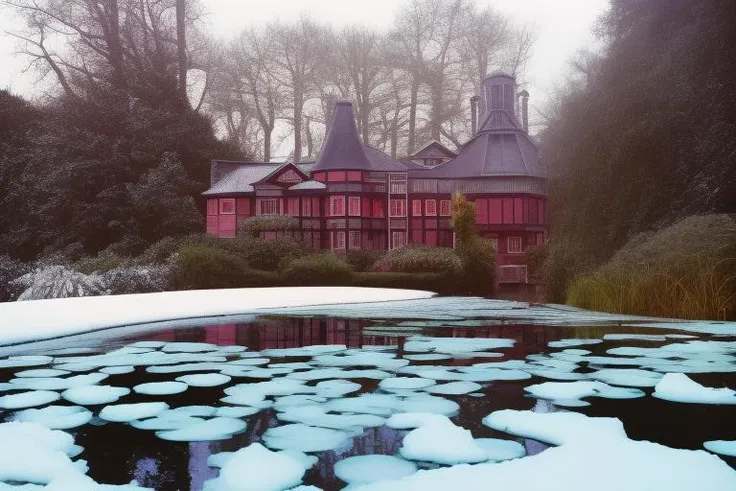 wide angle color photo on  kodak ektachrome film, (victorian house:1.2) on a pond, (shingle roof:1.4),(snow covered:1.4), dawn,w...